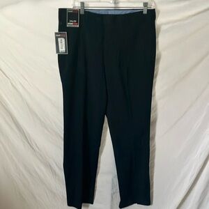 Travel Smart:Navy Blue Classic Fit Flat Front Dress Pants- Comfort Stretch-34x30
